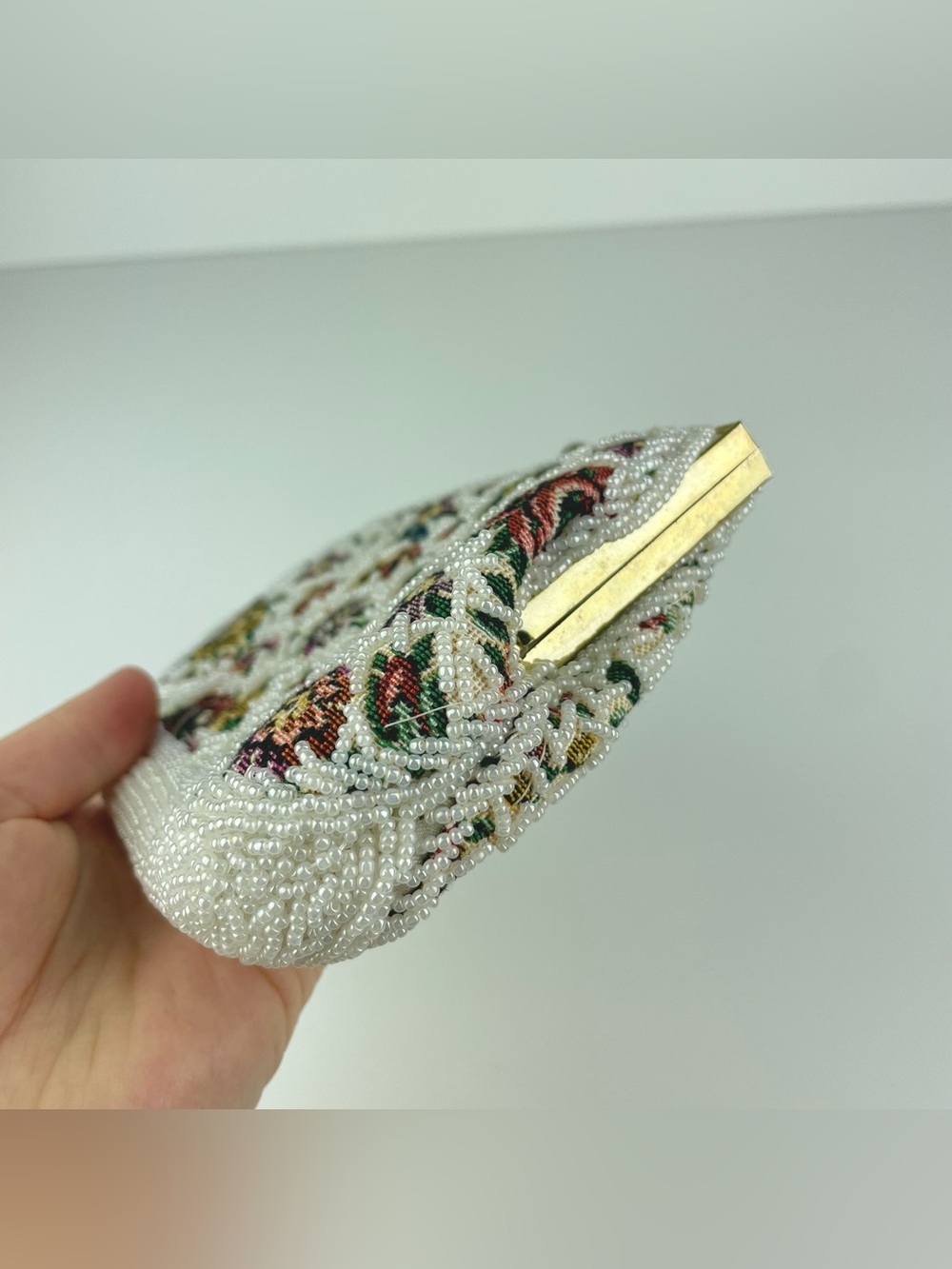 VTG Oharsma Floral Beaded Tapestry Evening Bag Gold Chain Handbag Kiss Clasp - Picture 9 of 16